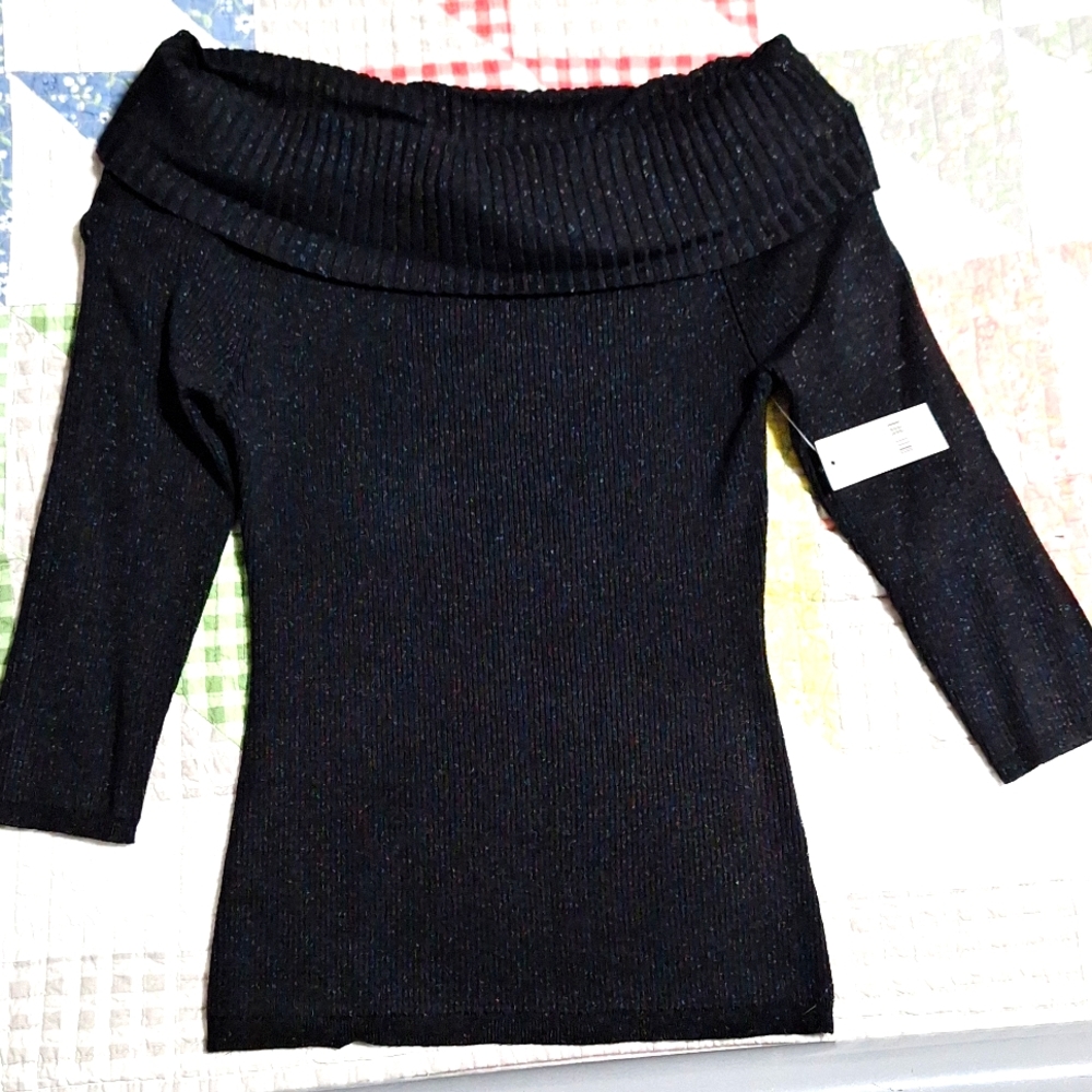 OFF THE SHOULDER BLACK METALLIC-GLITTER SWEATER